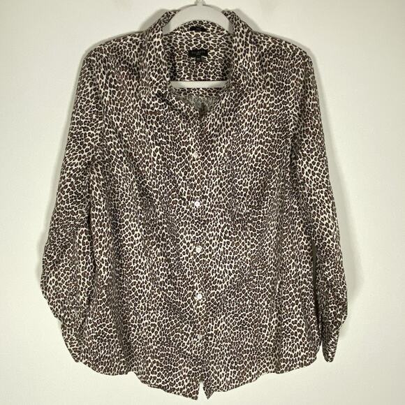 Talbots Women's Size 16W Long Sleeve Button Front Shirt Blouse Cat Animal Print - Picture 1 of 9